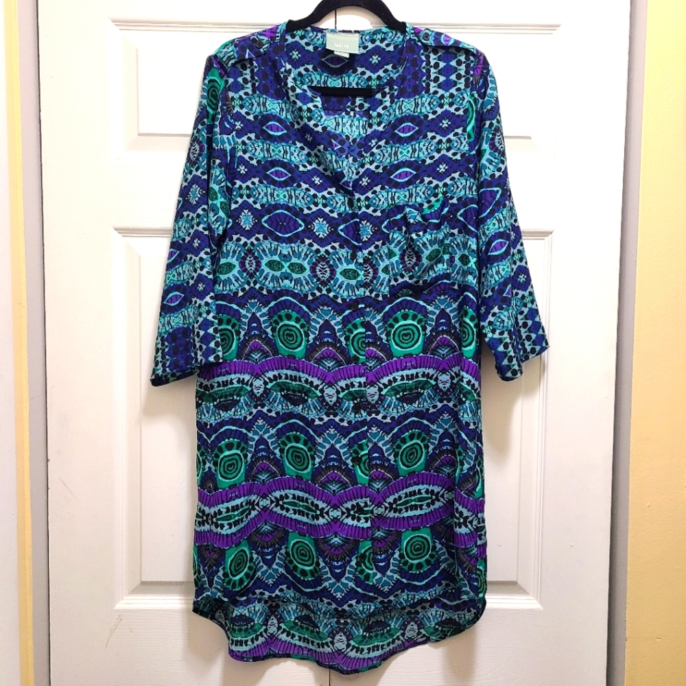 Maeve Anthropologie Ikat print button front shift shirt dress‎ tunic EUC M